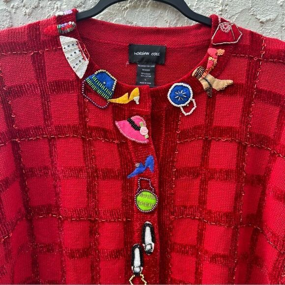 MORGAN COLE Cardigan Sweater Women Size Large Vintage Beaded Artsy Red Sequin - Picture 2 of 9